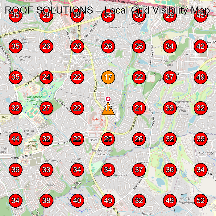 ROOF SOLUTIONS GeoGrid visibility map for Roofing Contractor in Charlotte